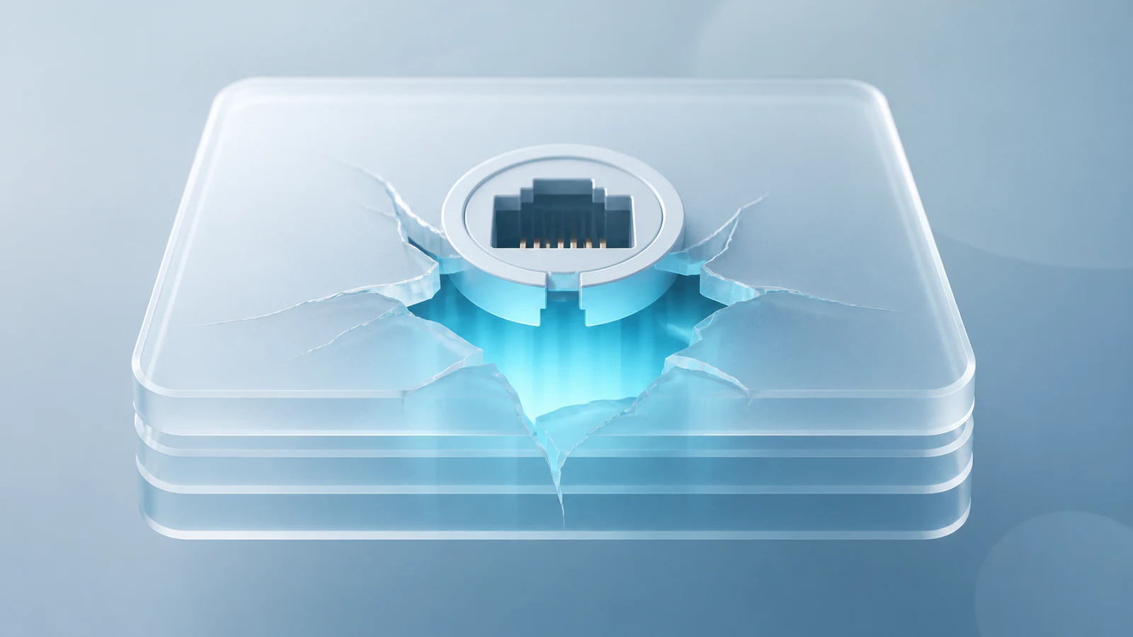 A network socket splits a translucent software layer, revealing a protected cyan-lit layer beneath.