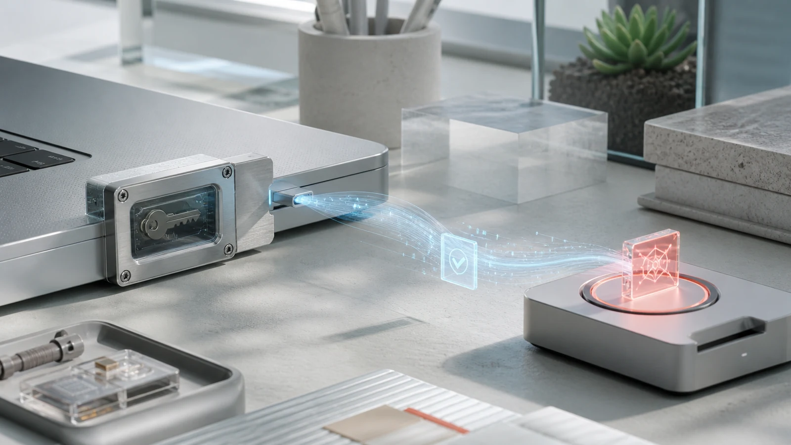 A sealed hardware credential on a bright security workbench emits a signed blue data ribbon toward an unfamiliar coral-lit device while the key remains locked inside.
