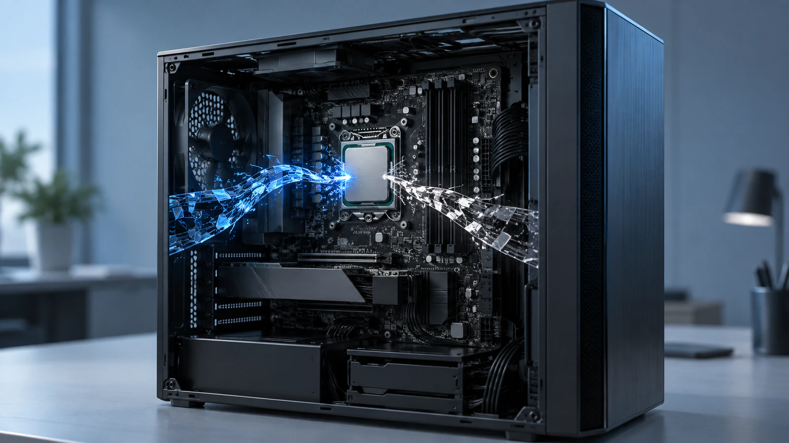 A close view of a Windows workstation split by two damaged system paths converging on a central processor.