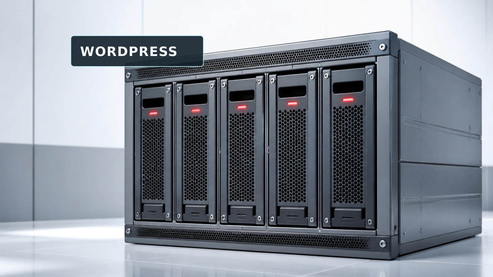 A WordPress server rack with five isolated warning lights marking affected extensions.
