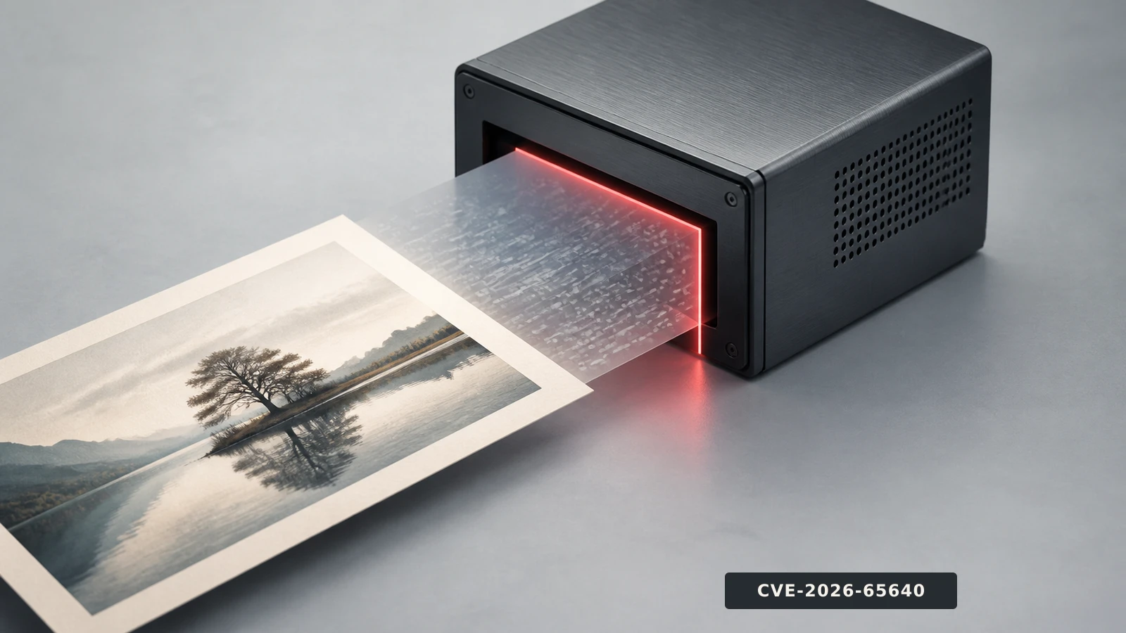 A plain image file entering a server processor while a hidden PostScript layer is stopped at a validation gate.