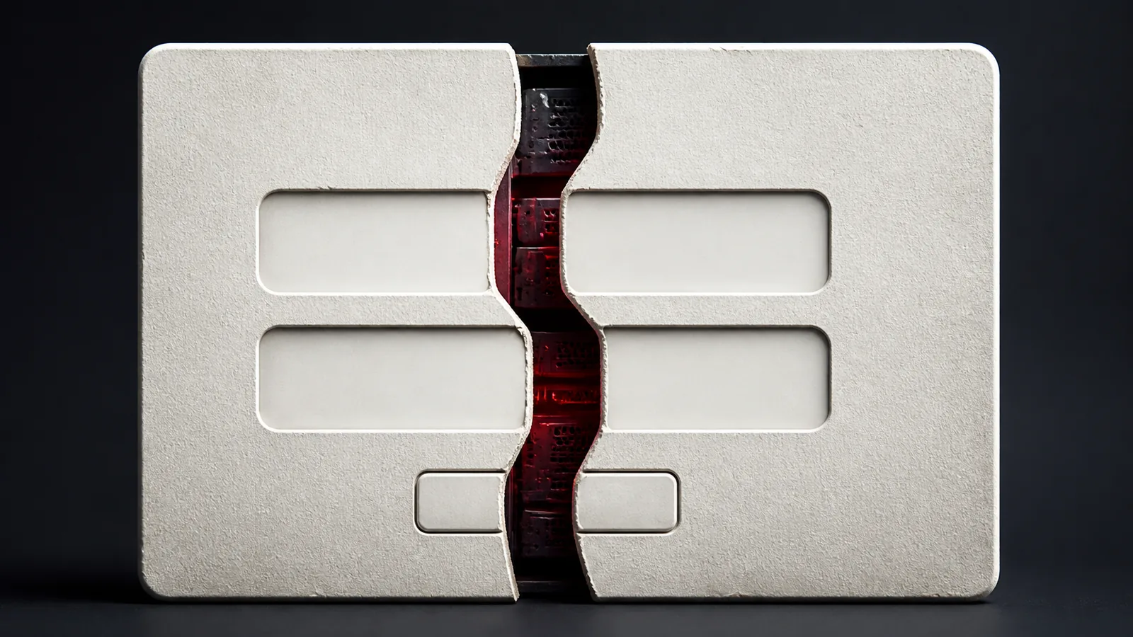 A cream website login panel split by a narrow malformed gap that exposes a burgundy-lit server cavity behind it.
