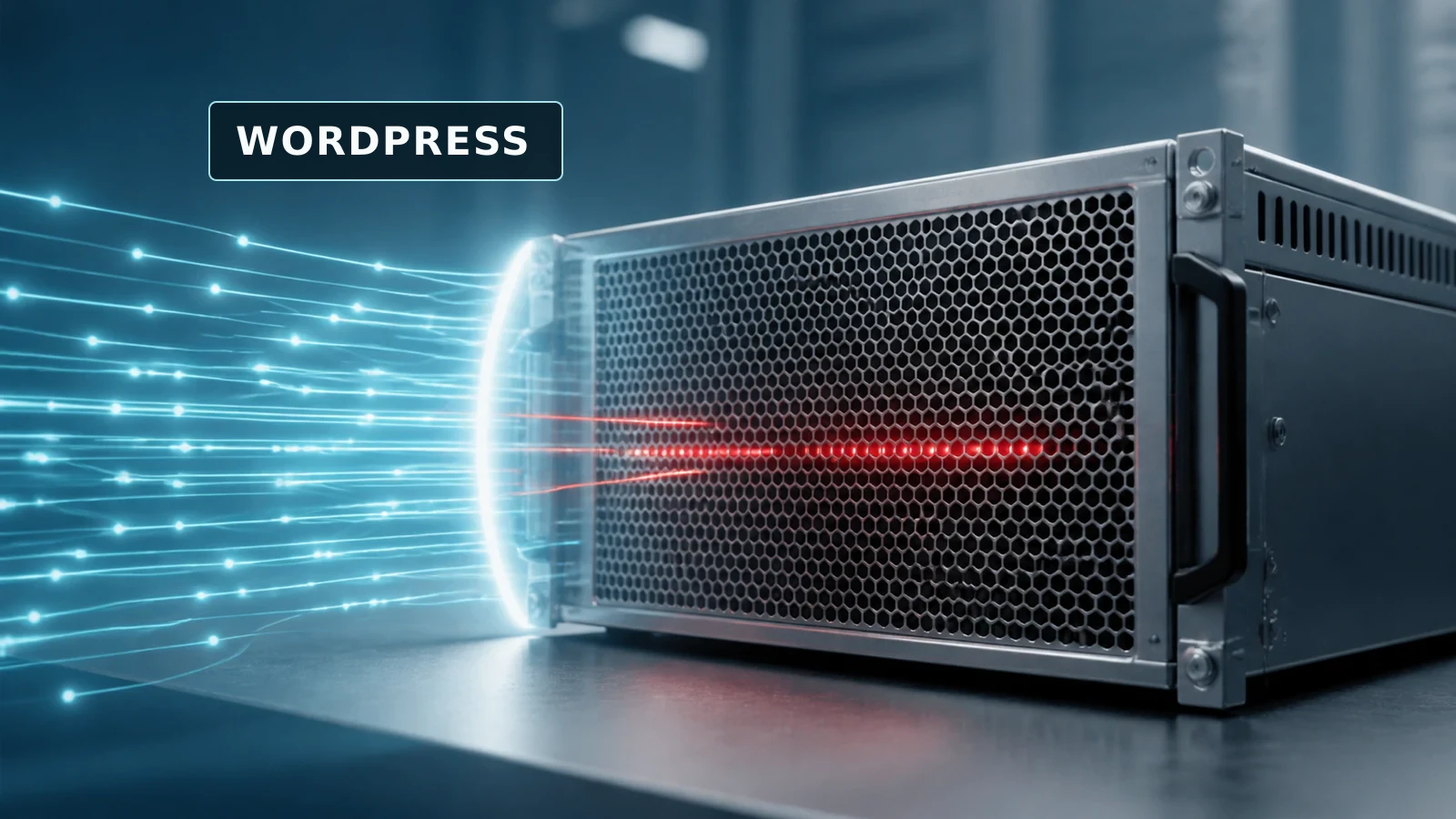A dense burst of web requests converging on one exposed WordPress server, with most requests rejected and a few reaching the application.