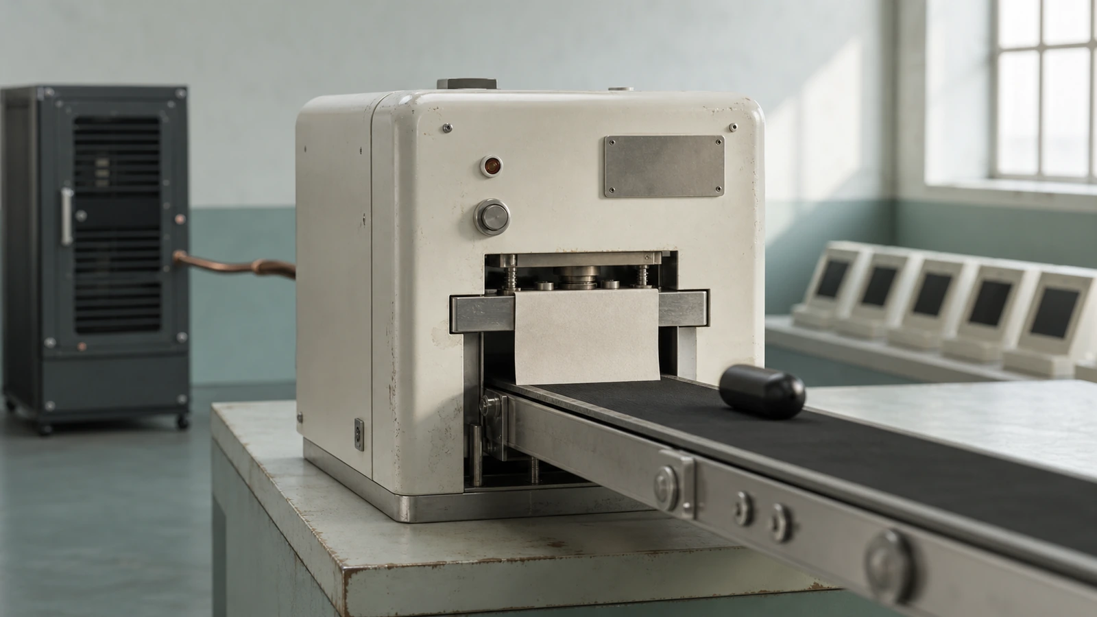 A cream industrial update machine receives a copper connection from a separate dark cabinet while a black capsule passes a paper-covered inspection gate toward endpoint terminals.