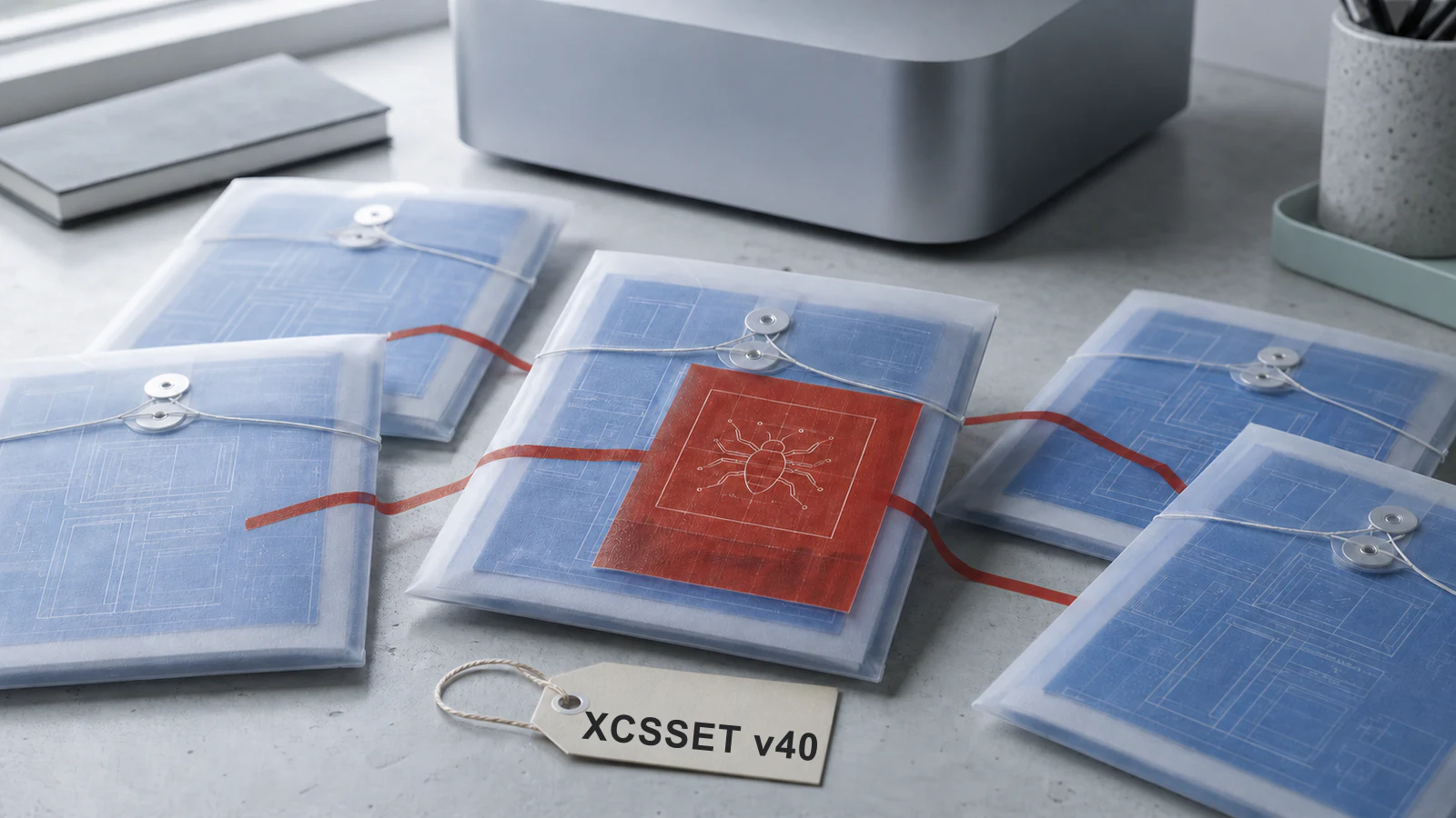 Staged Xcode project sleeves connected by a rust-red path, with one infected build-script insert and an XCSSET v40 evidence tag.