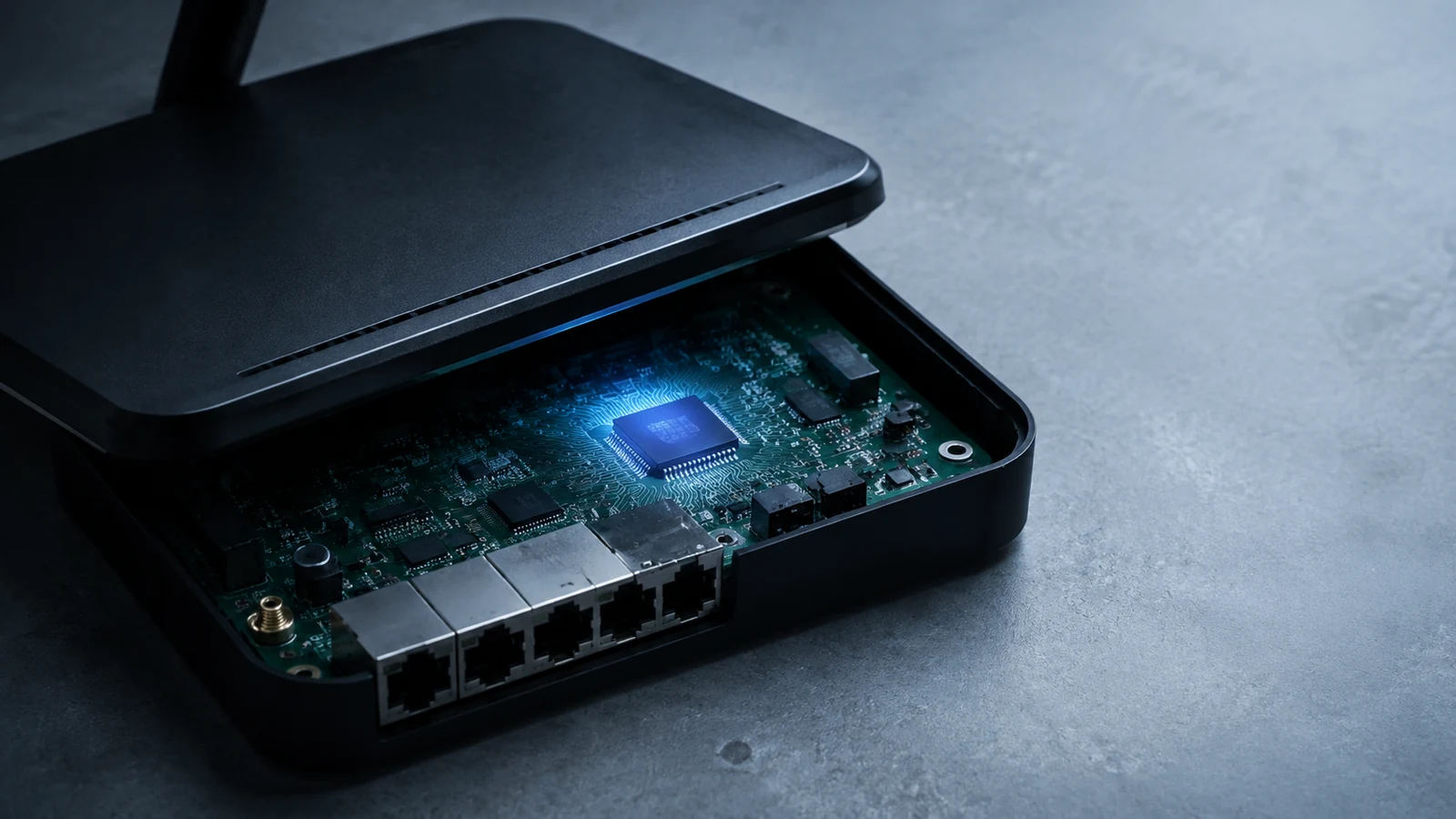 An opened cellular router reveals an exposed circuit board and a single illuminated chip.