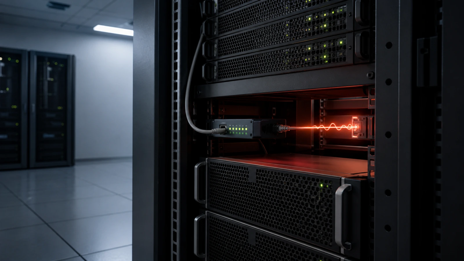 A mail server rack sends an unexpected alert into a command console through an SNMP monitoring cable.